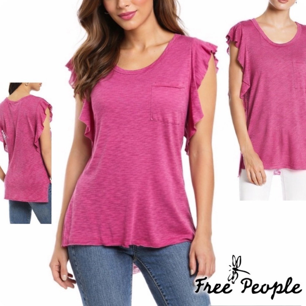 🎉💃FREE PEOPLE top fuchsia flutter sleeve NWT cotton summer date night go…